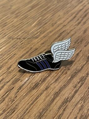 Winged Sneaker Enamel Pin - Black with Blue Stripes